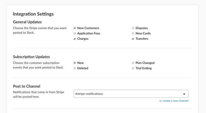 Stripe integration events and channel configuration