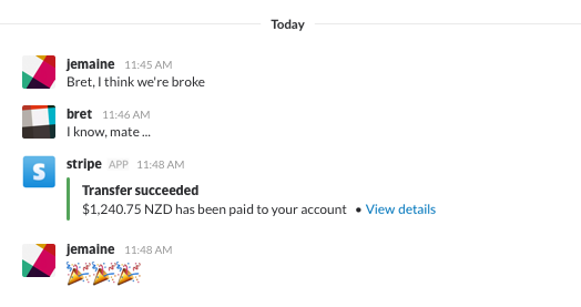 Example of Stripe transfer notification in Slack