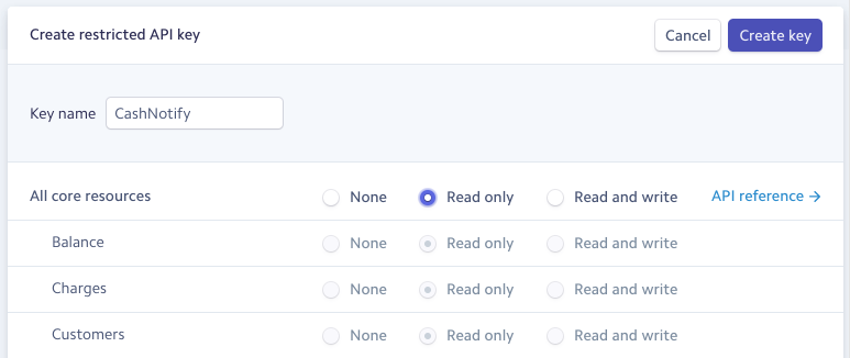 Creating a new Stripe restricted API key